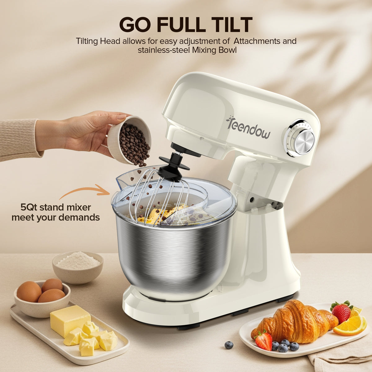 Teendow SM-B03C 5L Stainless Steel Electric Planetary Food Mixers Multifunctional Kitchen Stand Mixer