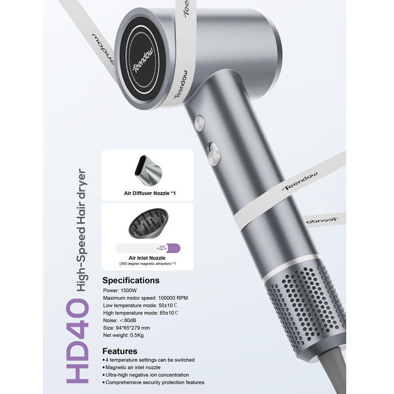 Teendow HD40 100000 RPM 1500W 4 Temperature Settings Ultra-High Negative Ion High-Speed Hair dryer