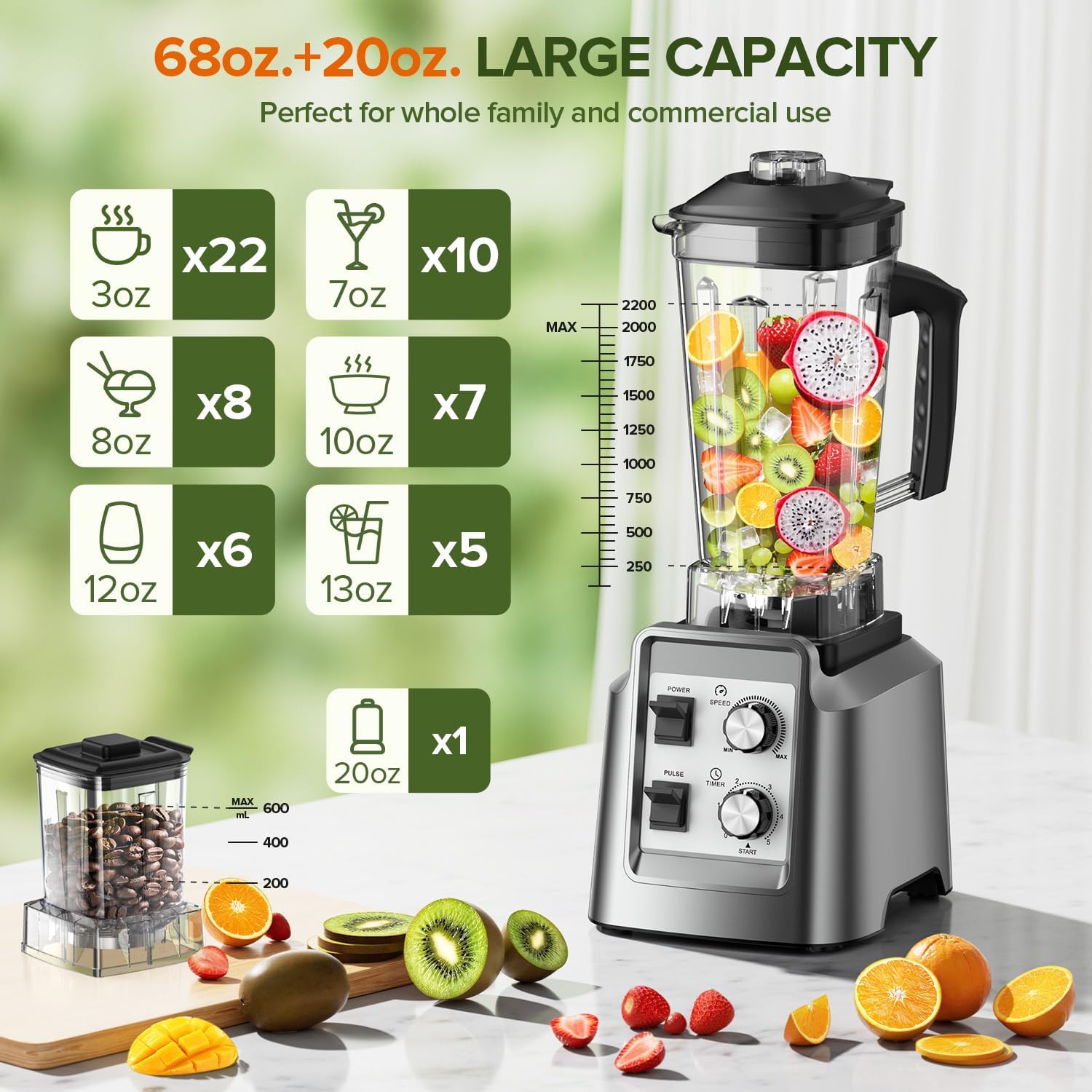 Professional 1800W High Speed Blender HS-209D 26000RPM Commercial Smoothie Maker 2L Heavy Duty Food Processor with Timer & Pulse Control