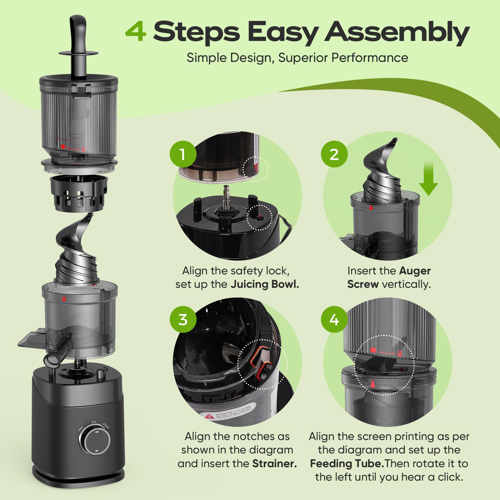 Teendow HH-MN05 Juicer Machines, 150W Cold Press Juicer with Wide Chute, Slow Masticating Juicers, High Juice Yield for Leafy Greens, Fruits & Vegetables, Easy to Clean